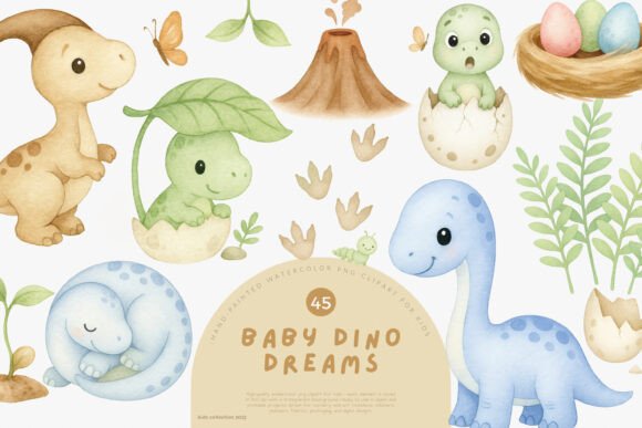 Download Adorable Baby Dino Watercolor Clipart Se - Baby Collection