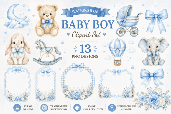 Download Blue Nursery Watercolor Baby Shower - Premium Bundle